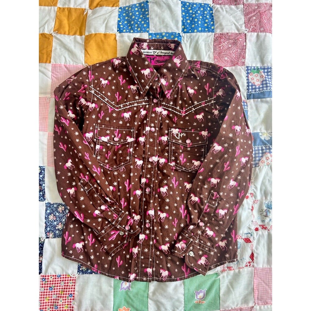 Girls Cowgirl Hardware Shirt Size (s) 6 Horse And Cactus Print Brown